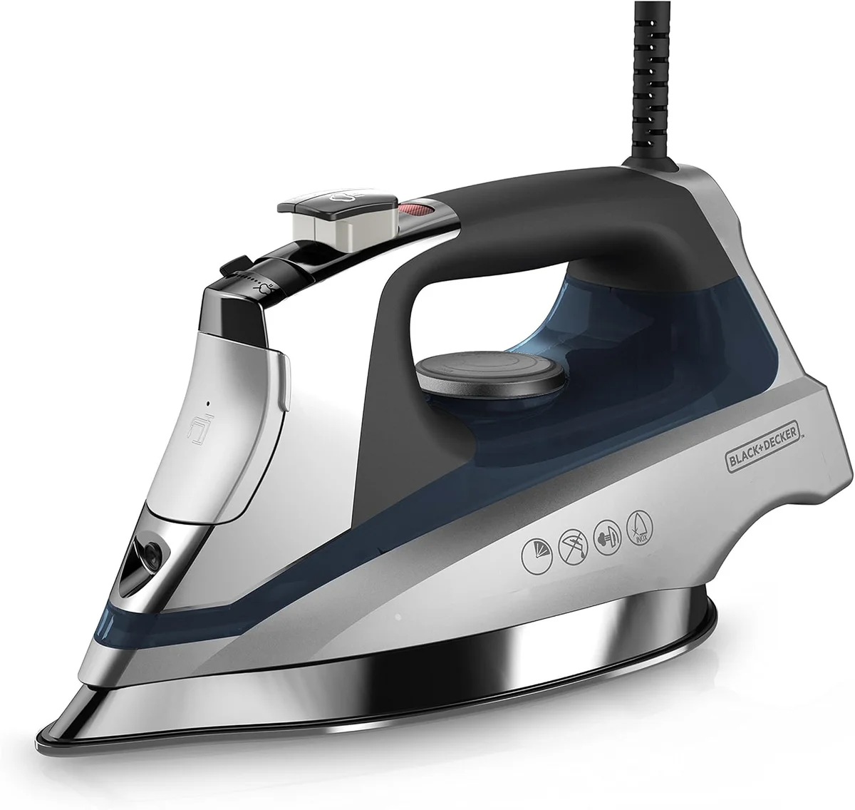 BLACK+DECKER Allure D3030 iron reverse 3/4 angle showing handle, dial control, and coiled cord