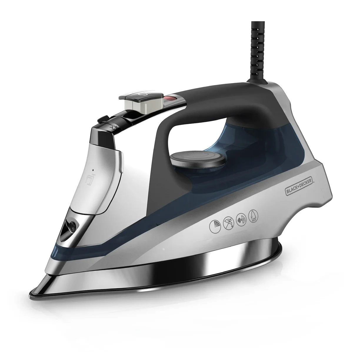 BLACK+DECKER Allure Professional Steam Iron D3030 in black and silver, 3/4 front angle on white