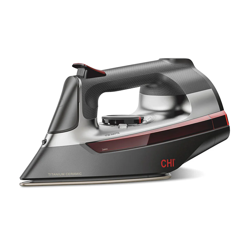 CHI 360 Precision Steam Iron (13119) 3/4 front view showing the titanium ceramic soleplate, textured 360 handle grip, and temperature dial on a white background