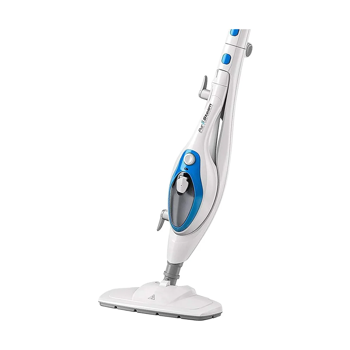 PurSteam ThermaPro 10-in-1 steam mop shown in full upright profile — white and blue body with handle, water tank, and mop head — against a white background