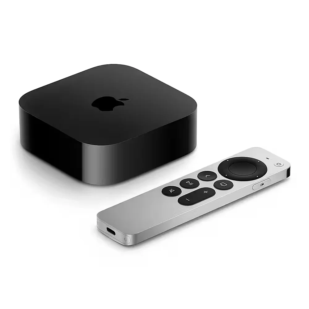 Apple TV 4K 3rd generation angled 3/4 view with Siri Remote
