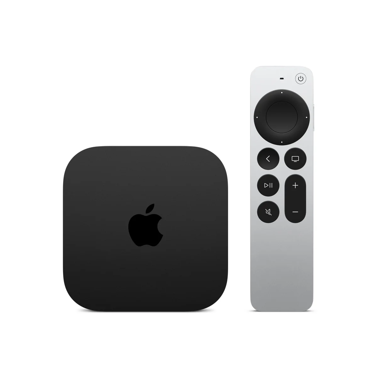 Apple TV 4K 3rd generation with Siri Remote, front view on white