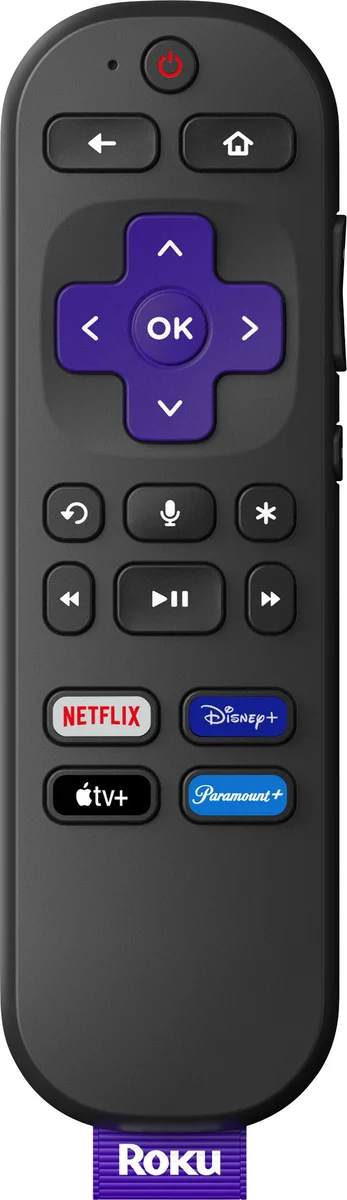 Roku Streaming Stick 4K voice remote front view with navigation pad and shortcut buttons