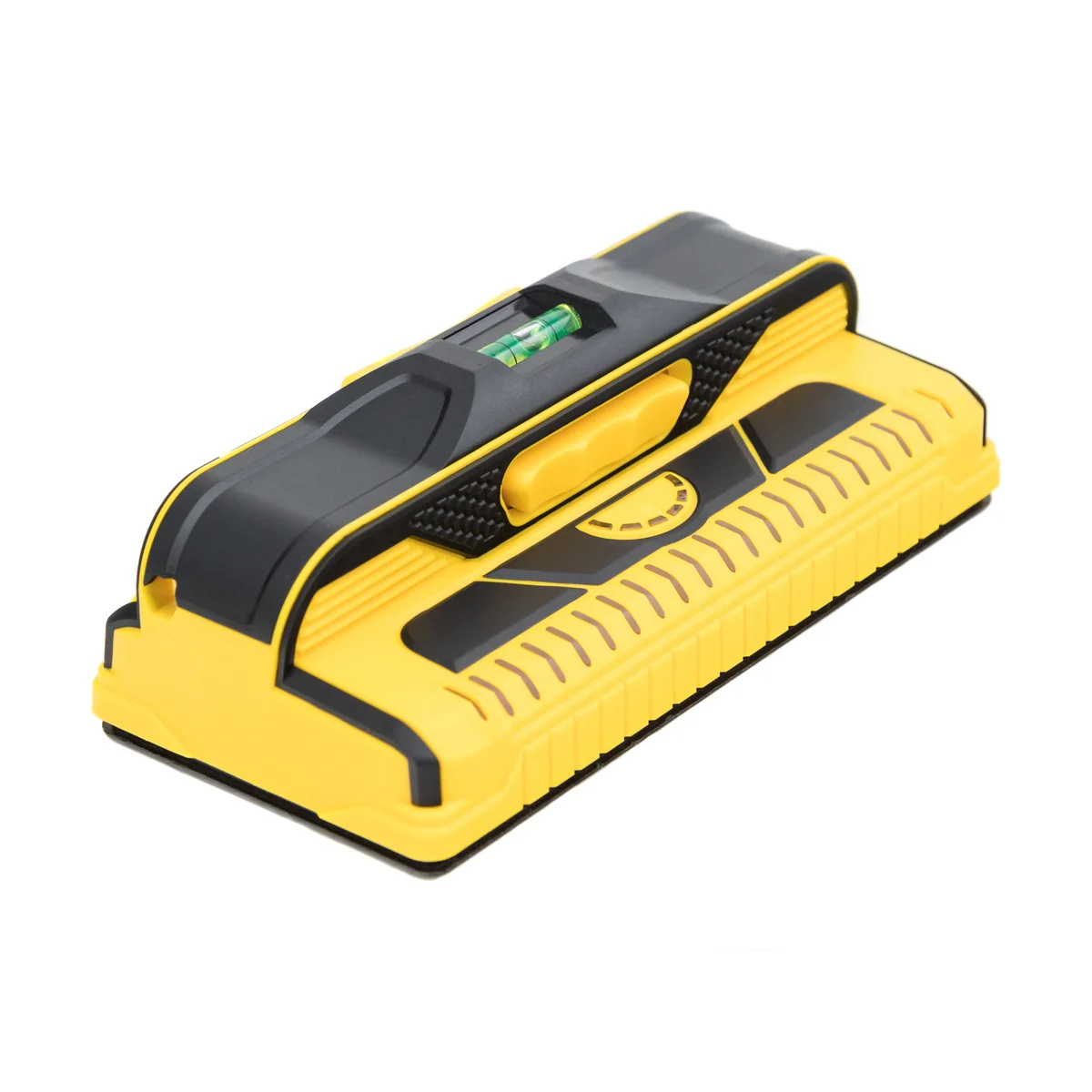 Franklin Sensors ProSensor M210 stud finder, 3/4 perspective view showing the yellow-and-black body and built-in bubble level