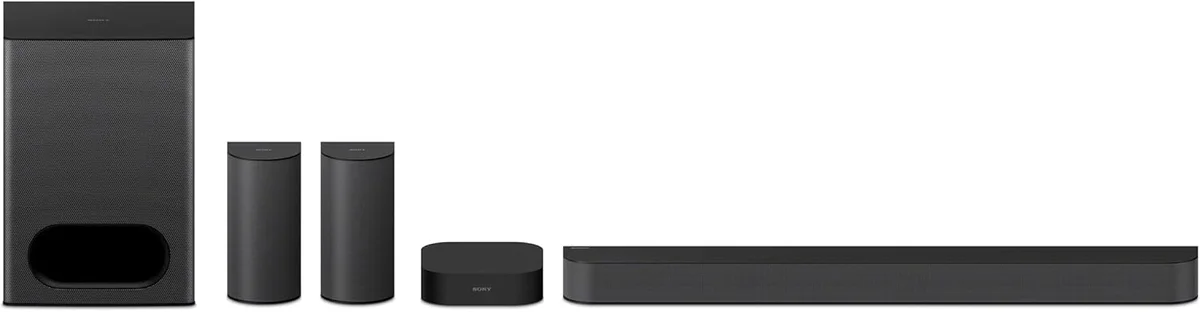 Sony BRAVIA Theater System 6 front-facing lineup of all components including soundbar, subwoofer, rear speakers, and hub