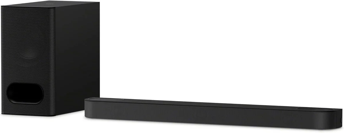 Sony BRAVIA Theater System 6 soundbar and subwoofer 3/4 angle view showing build quality and port