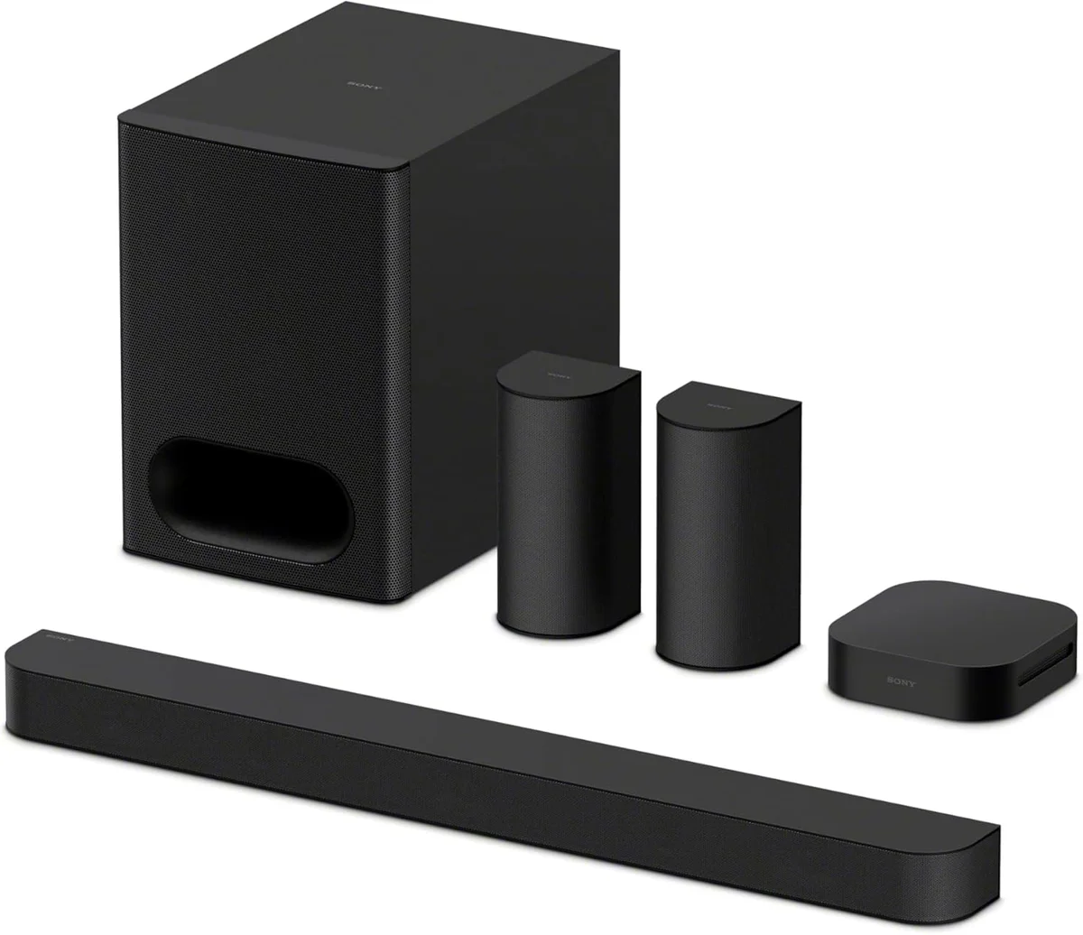Sony BRAVIA Theater System 6 complete 5.1 system — soundbar, subwoofer, two rear speakers, and wireless hub