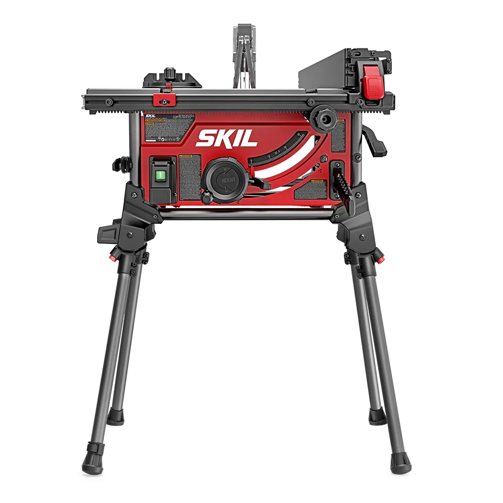 Skil TS6307-00 table saw front view with integrated folding stand deployed
