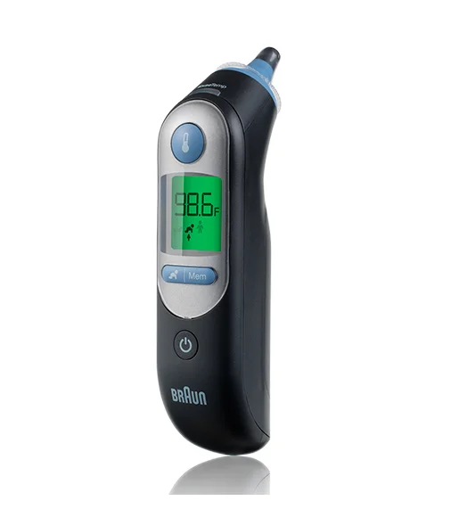 Braun ThermoScan 7 ear thermometer angled view showing curved probe