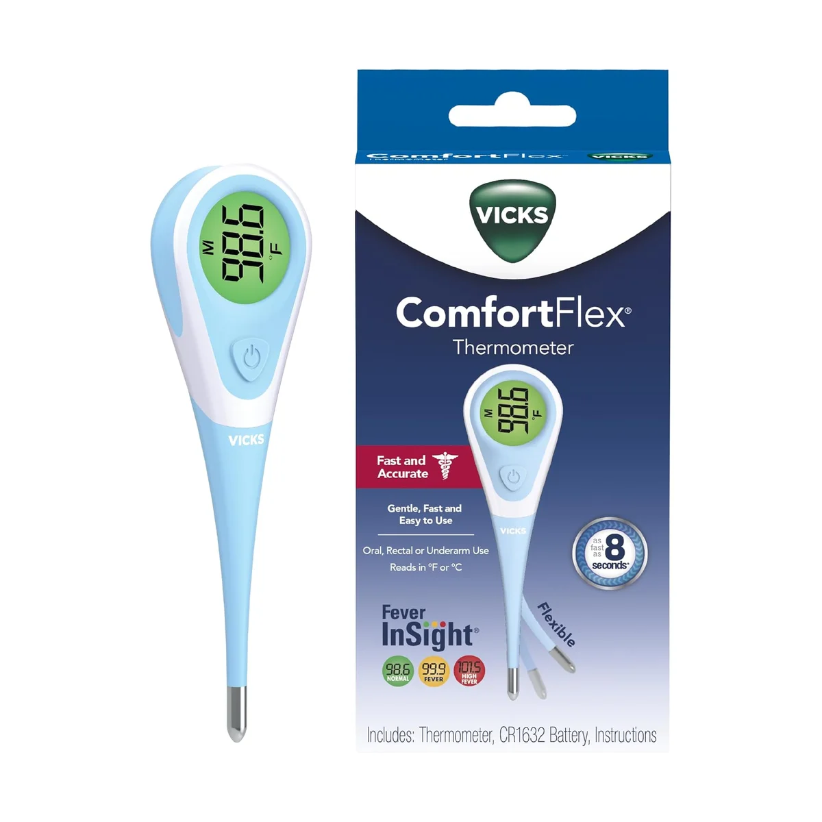 Vicks ComfortFlex V965 stick thermometer with green Fever InSight display on white background