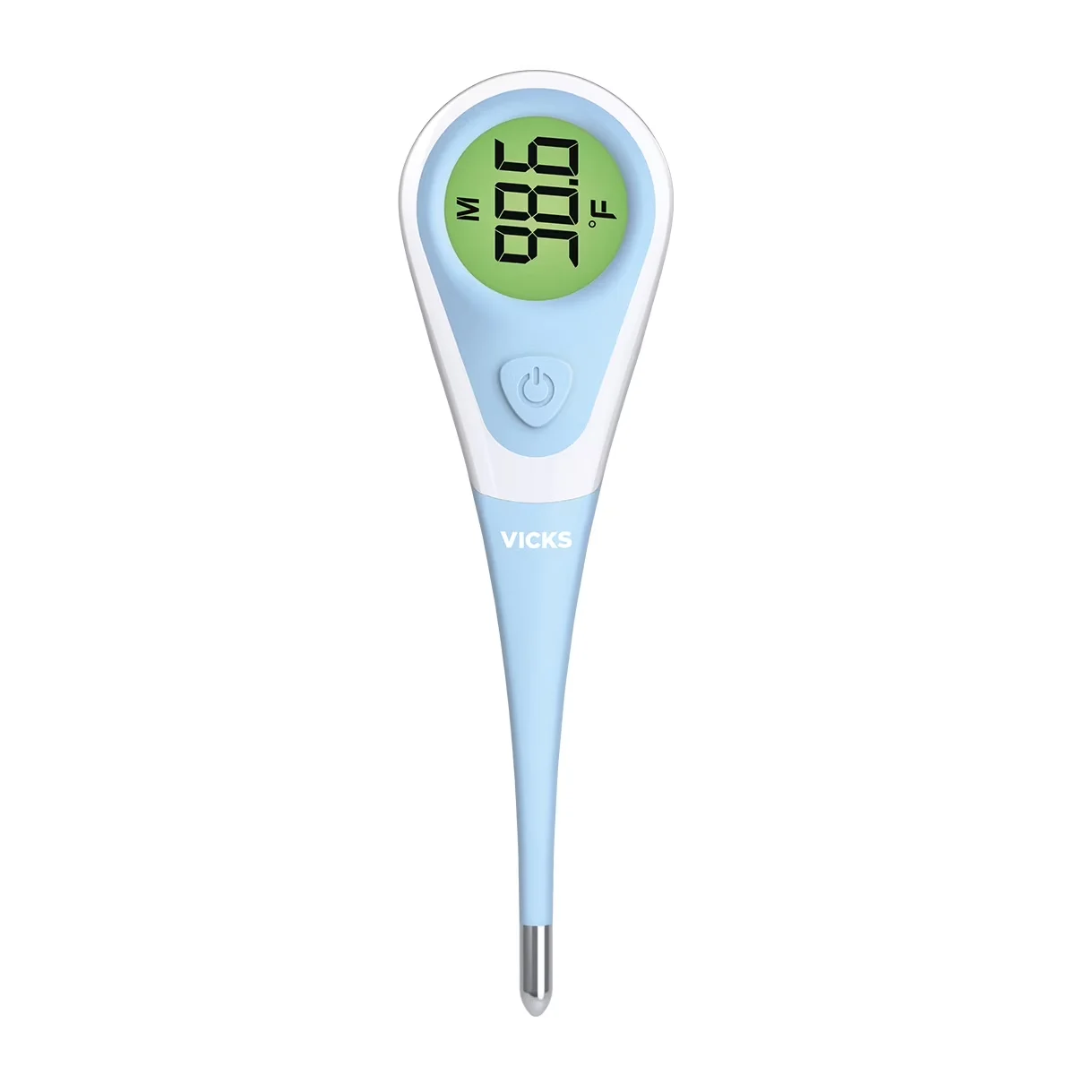 Vicks ComfortFlex thermometer front view showing green Fever InSight backlit display reading 98.6°F on white background
