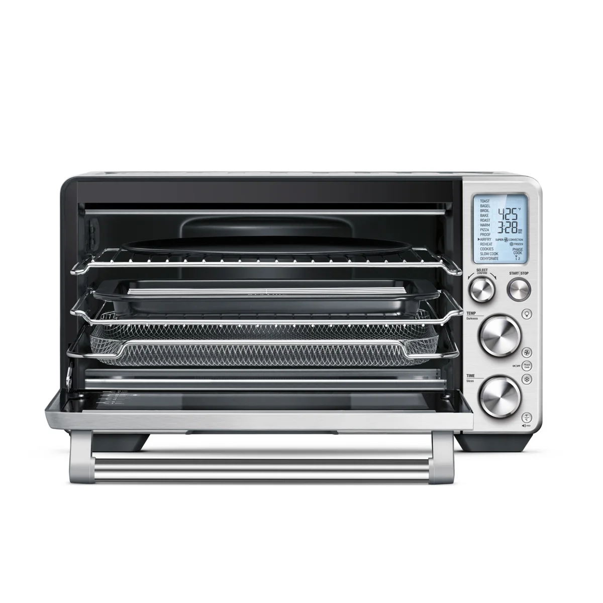 Breville Smart Oven Air Fryer Pro with door open showing interior racks, air fry basket, and included accessories