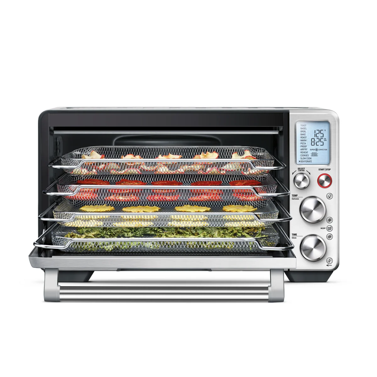 Breville Smart Oven Air Fryer Pro dehydrating fruits and vegetables across five rack positions