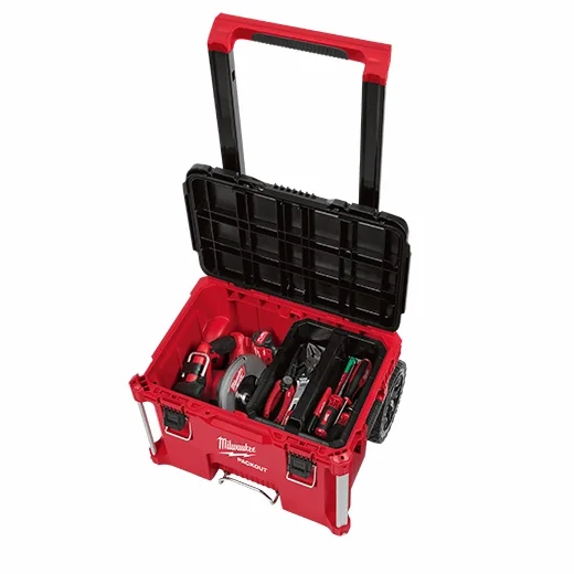 Milwaukee Packout Rolling Tool Box open lid showing interior storage with tools loaded