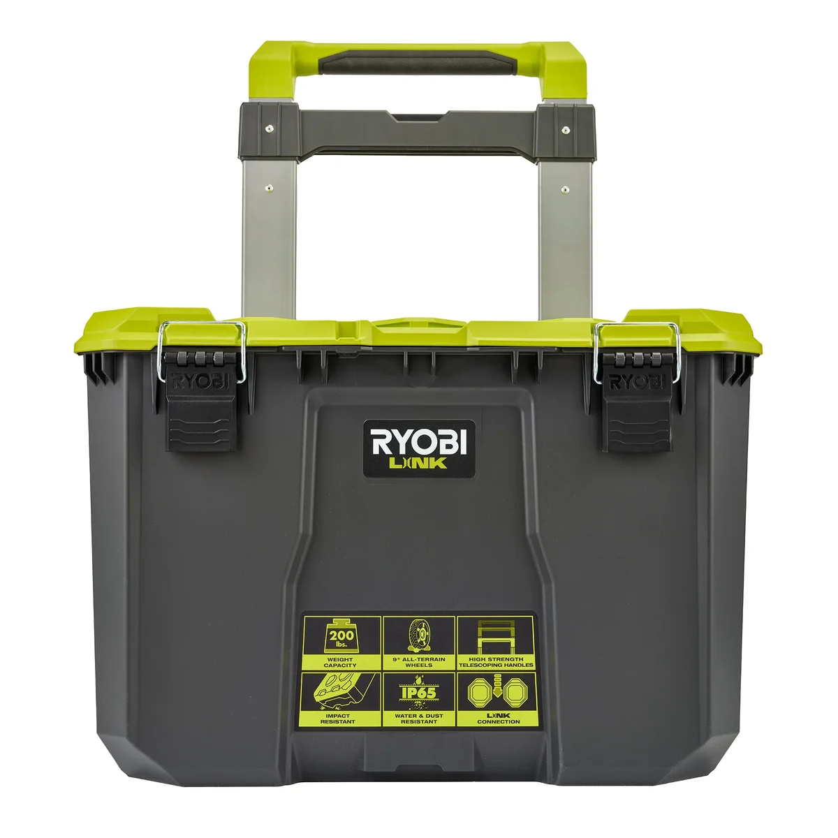 Ryobi Link Rolling Tool Box front view showing side-release latches and telescoping handle