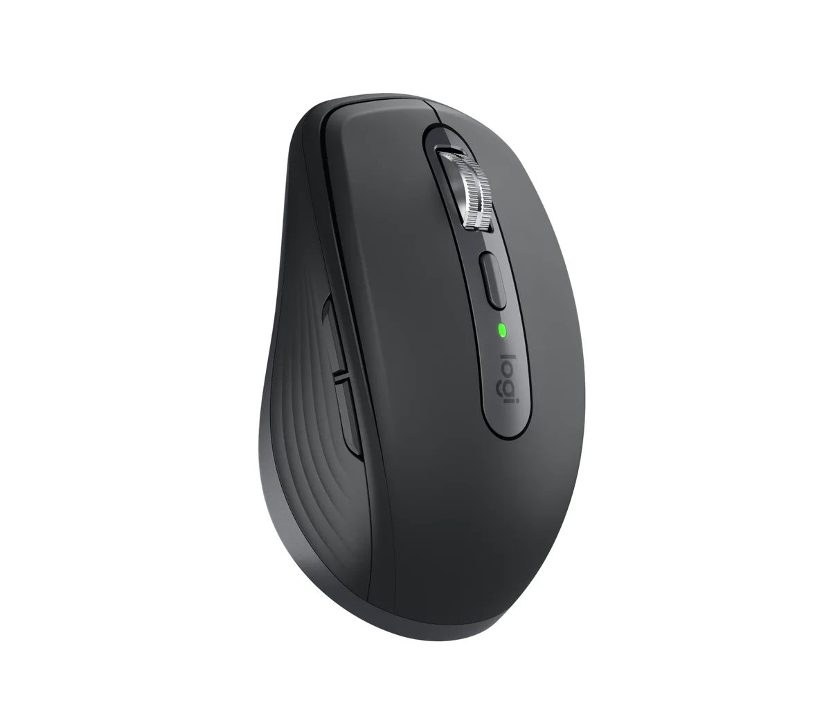 Logitech MX Anywhere 3S in graphite, 3/4 front angle view