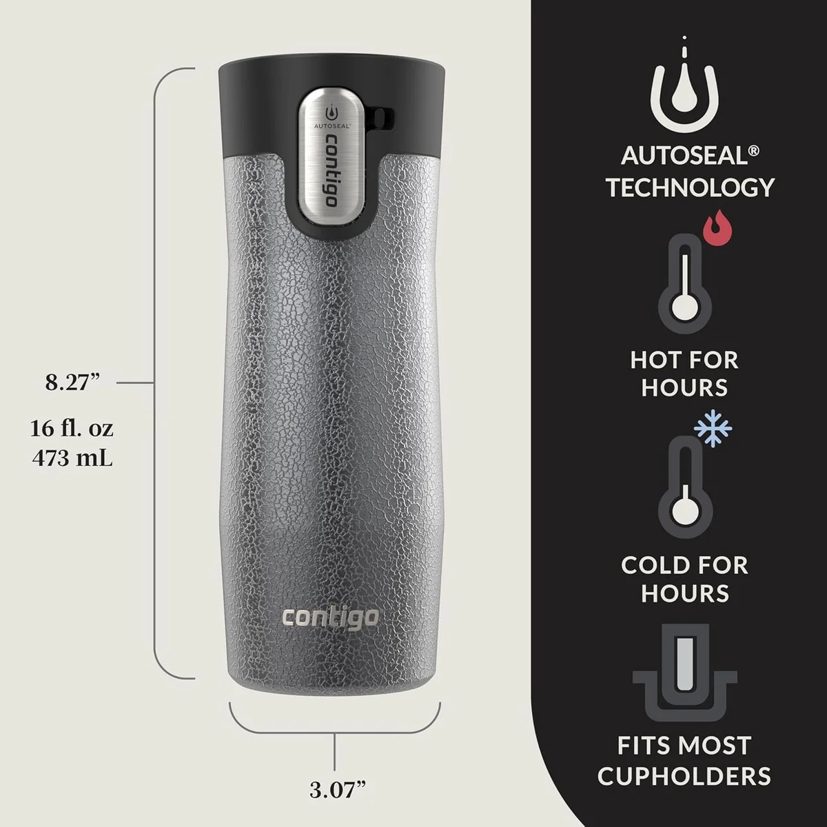 Contigo West Loop dimensions and feature overview: AutoSeal, hot and cold for hours, fits most cup holders