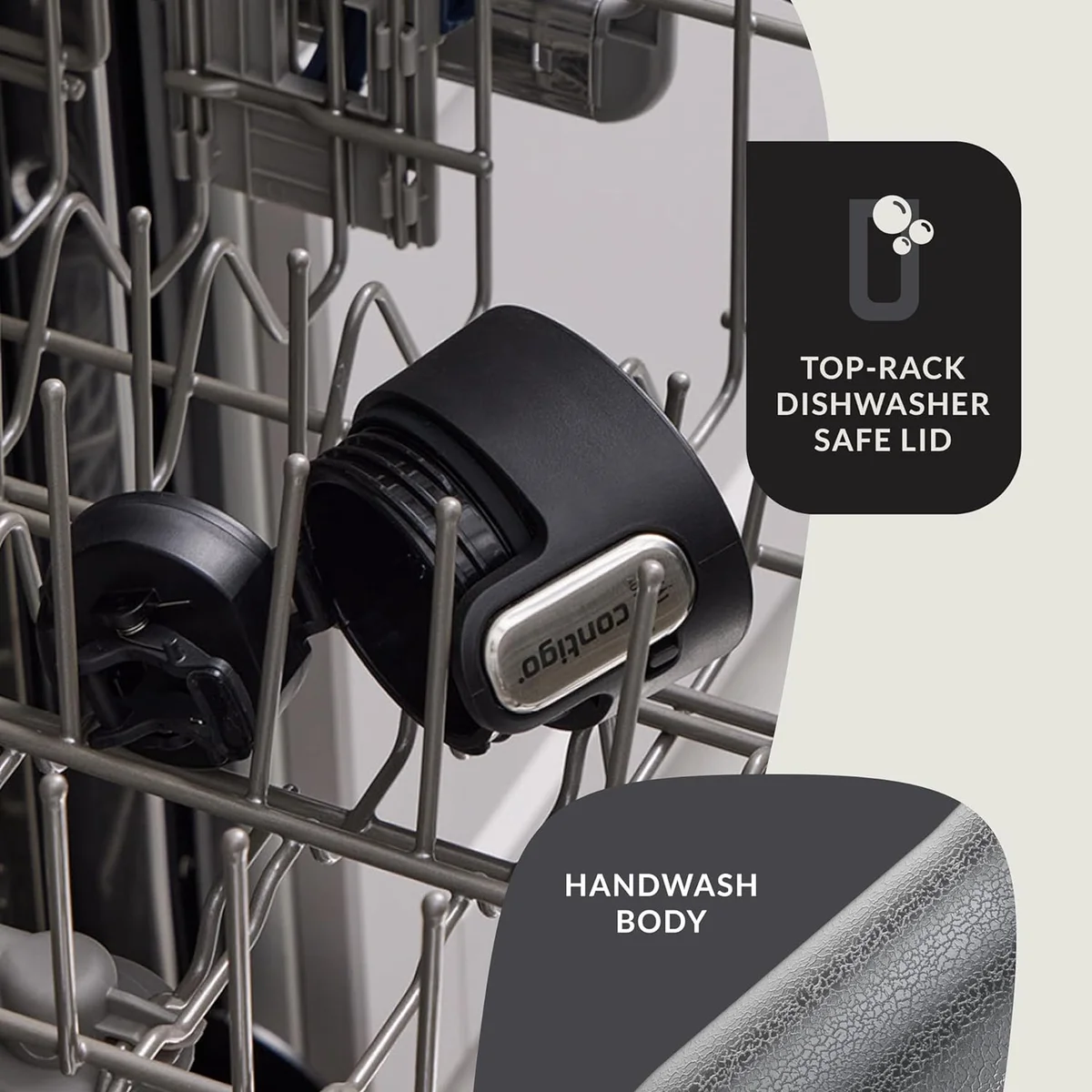 Contigo West Loop lid shown in a dishwasher rack, top-rack dishwasher-safe lid with handwash body