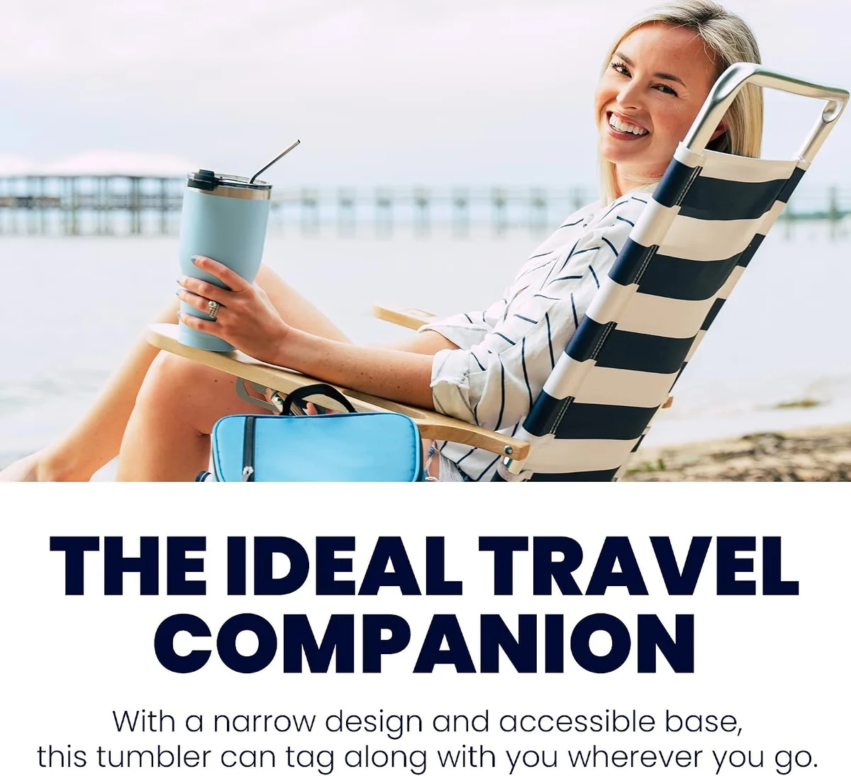 RTIC 30 oz Tumbler with straw lid held by person relaxing at the beach