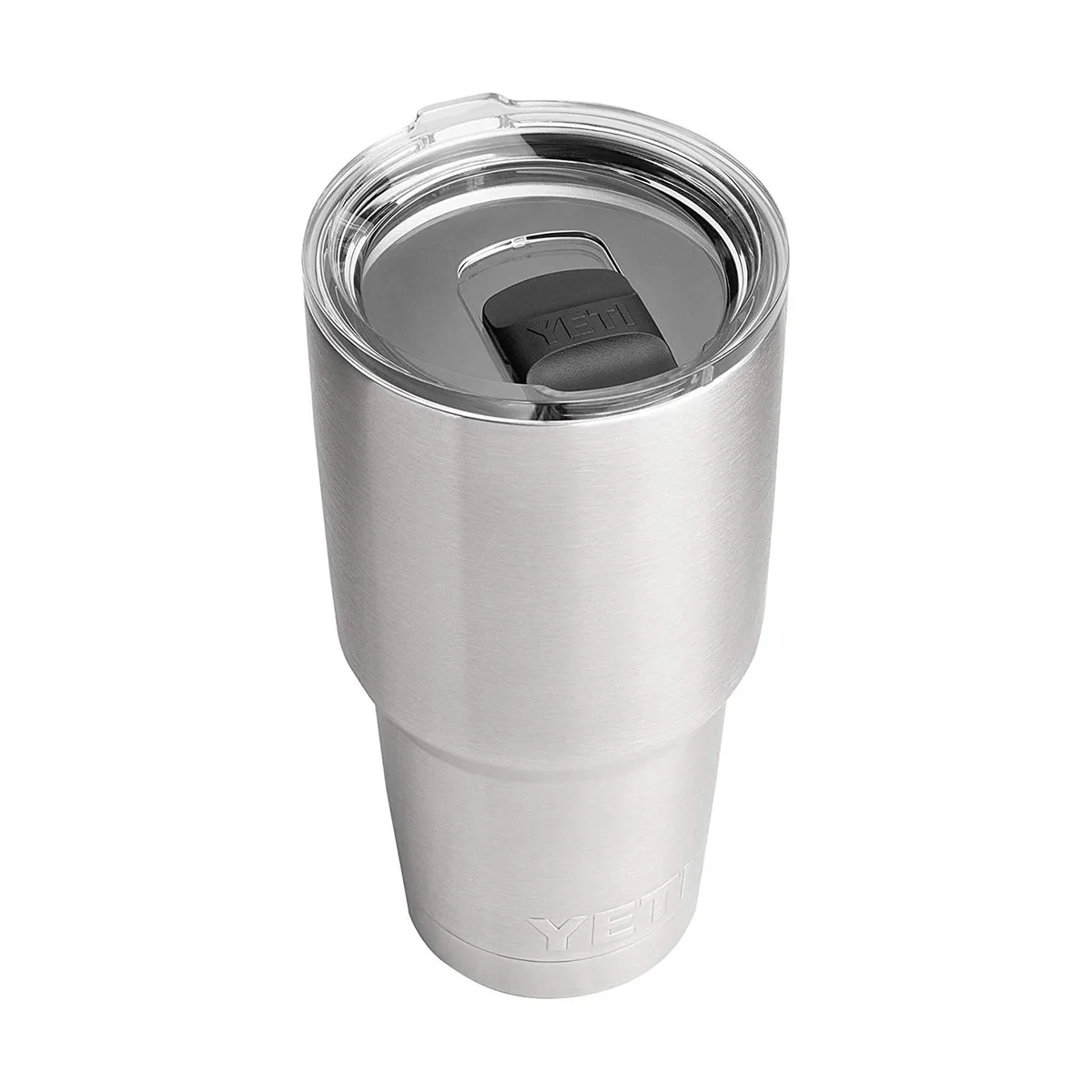 Yeti Rambler 30 oz Tumbler from above showing the clear MagSlider lid with magnetic slider closure, on white background