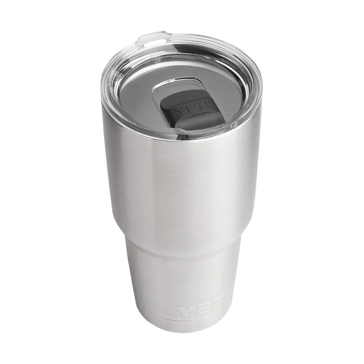 Yeti Rambler 30 oz Tumbler in brushed stainless steel, top-down three-quarter view with clear MagSlider lid, on white background