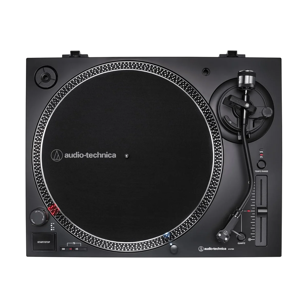 Audio-Technica AT-LP120XUSB top-down view showing platter, S-shaped tonearm, and pitch controls