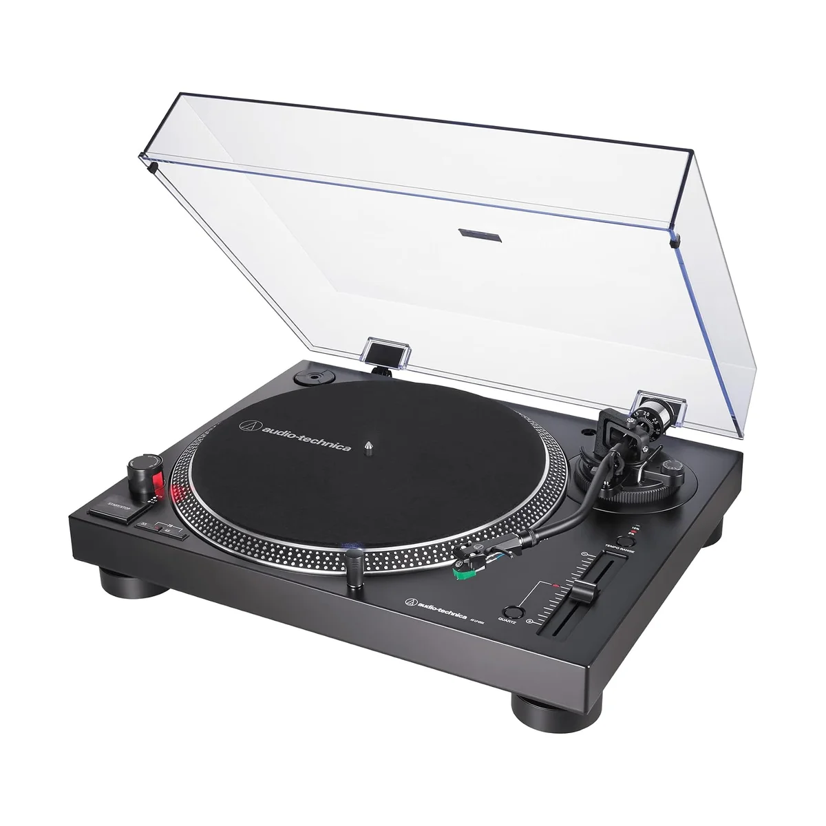 Audio-Technica AT-LP120XUSB front-left angle showing tonearm, cartridge, and start/stop controls