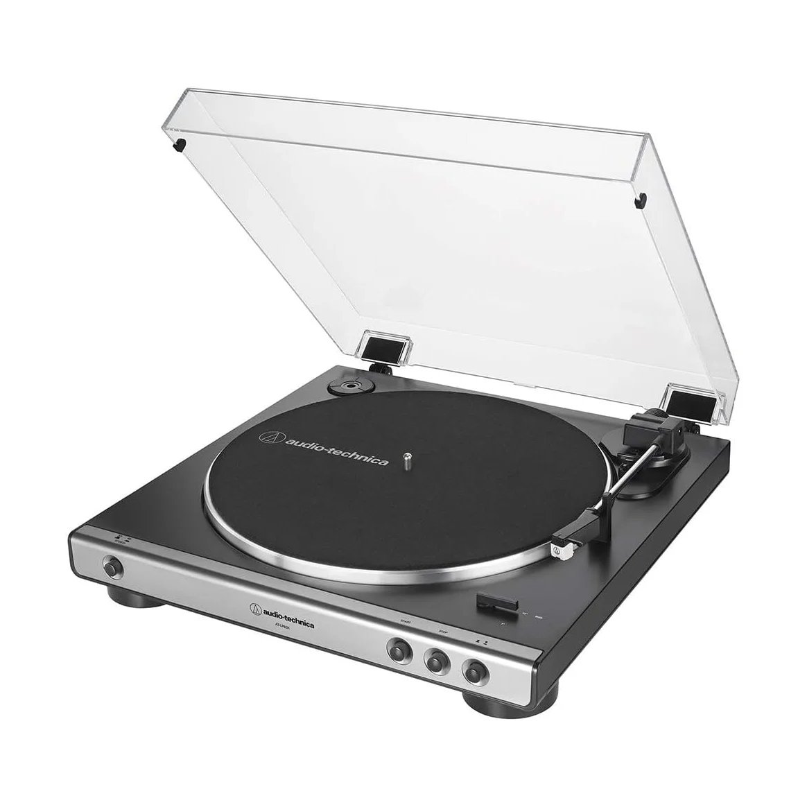 Audio-Technica AT-LP60X gunmetal colorway at a three-quarter angle with the hinged dust cover raised