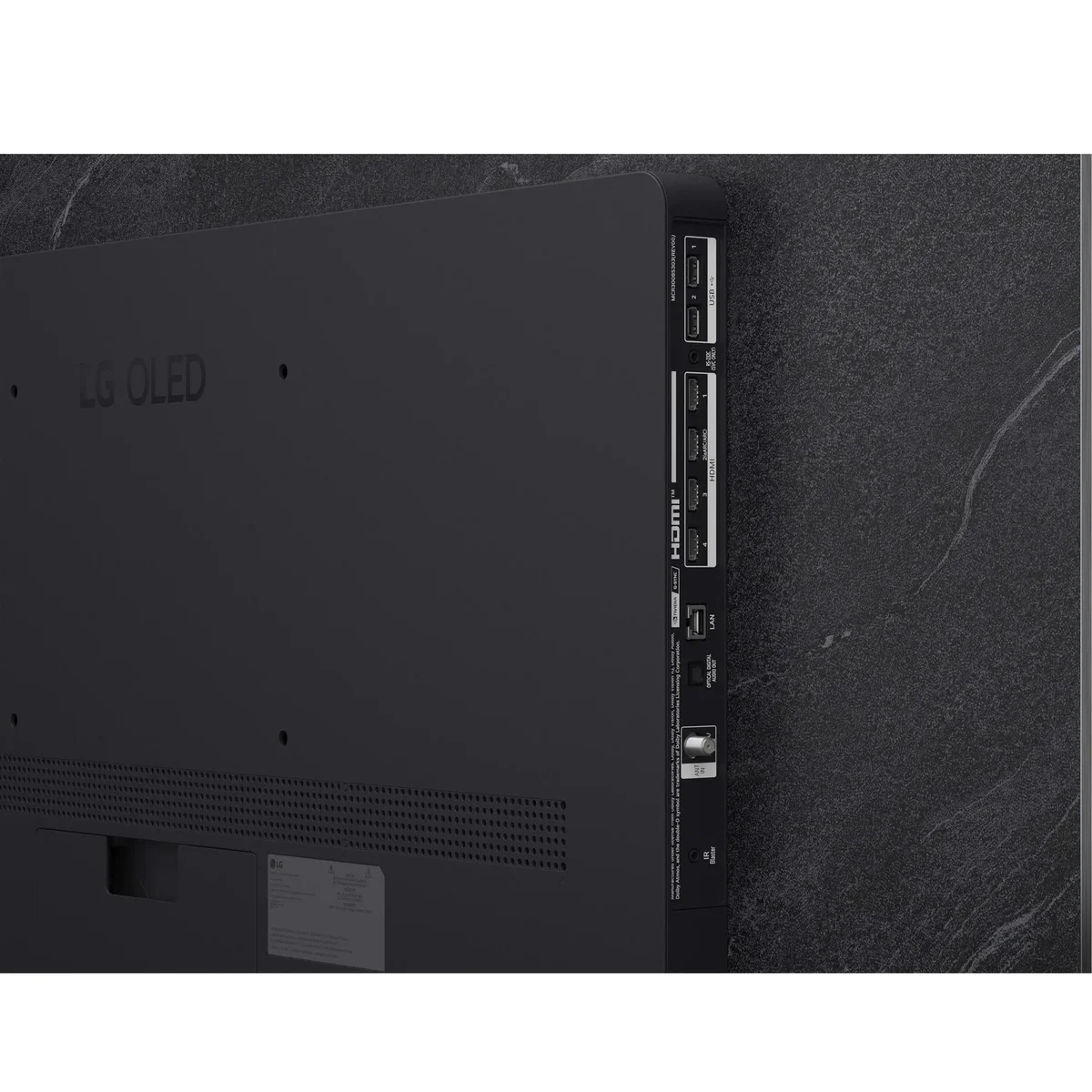 LG C6 OLED TV rear connection panel close-up with four HDMI ports, two USB ports, LAN, optical audio and antenna input