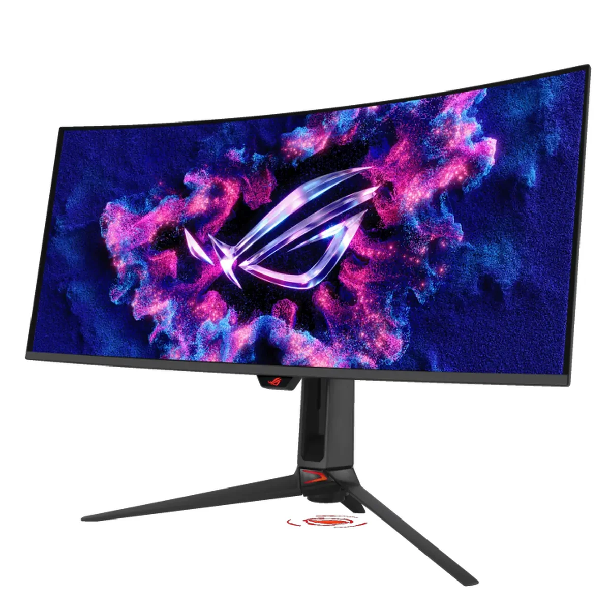 ASUS ROG Swift OLED PG34WCDN monitor front-left 3/4 angle view on white background
