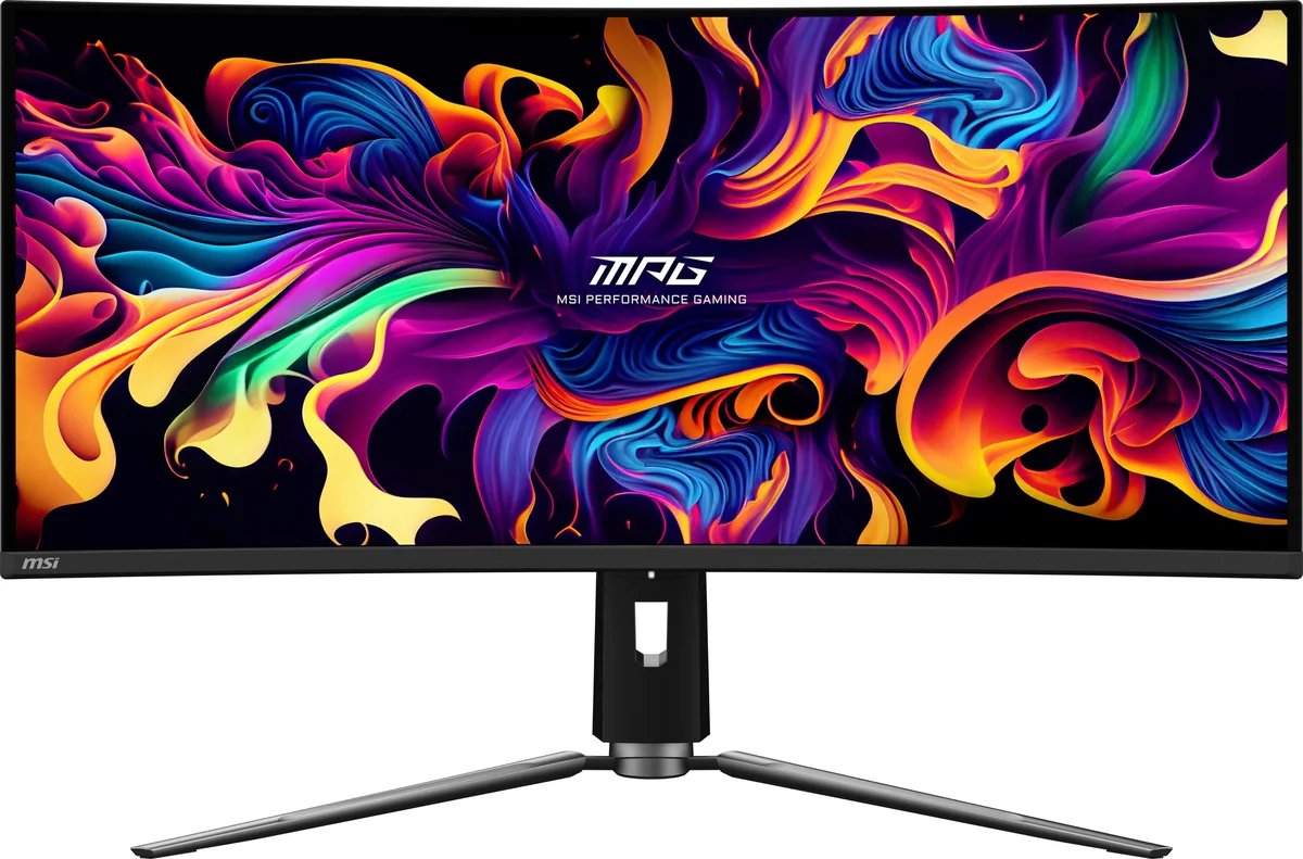 MSI MPG 341CQPX QD-OLED ultrawide monitor front view on white background