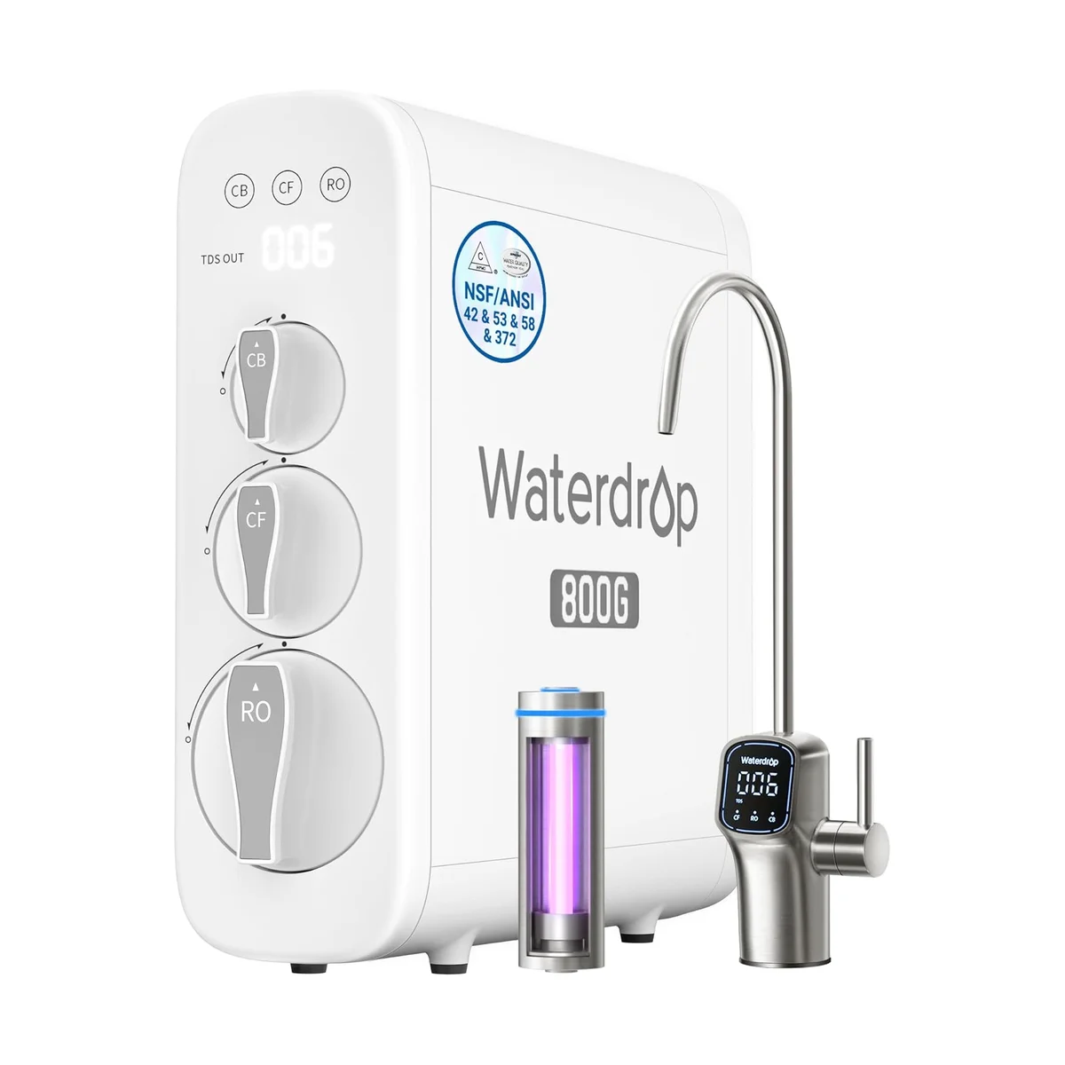 Waterdrop G3 P800 reverse osmosis system with NSF/ANSI 42, 53, 58, and 372 certification badge