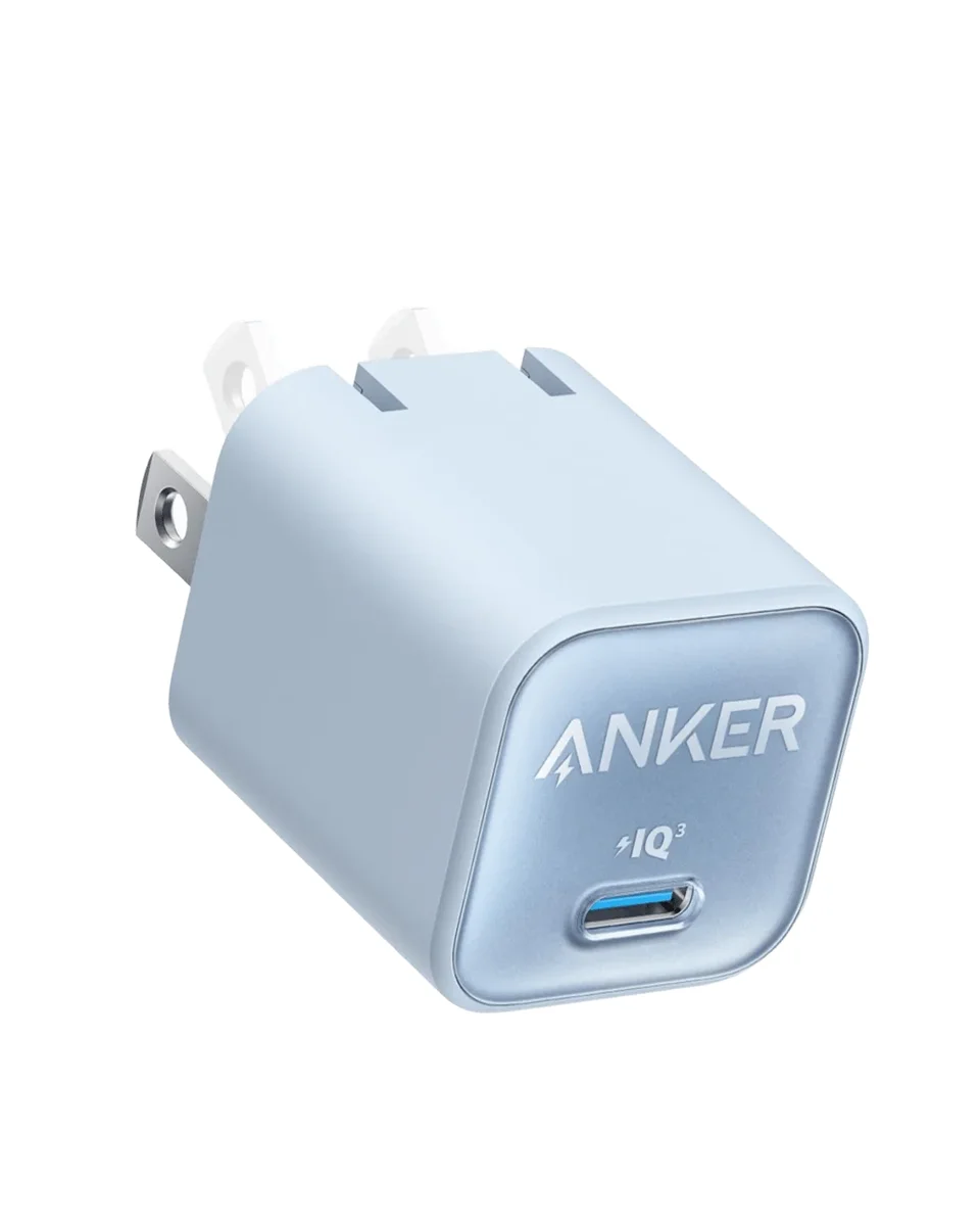 Anker Nano 3 30W charger in Misty Blue, three-quarter view of the compact cube body and USB-C port