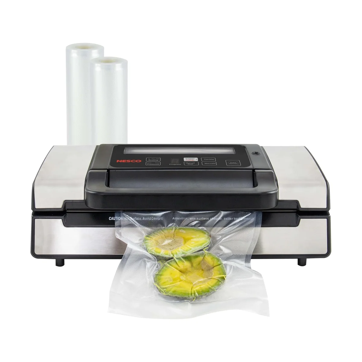 Nesco VS-12 Deluxe Vacuum Sealer on white background with bag rolls and vacuum-sealed avocado