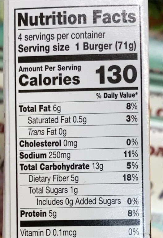 Dr. Praeger's California Veggie Burgers nutrition facts label, 130 calories and 5g protein per patty