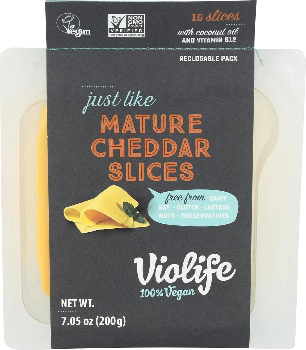 Violife Just Like Mature Cheddar Slices 10-slice reclosable tray, front packaging angle