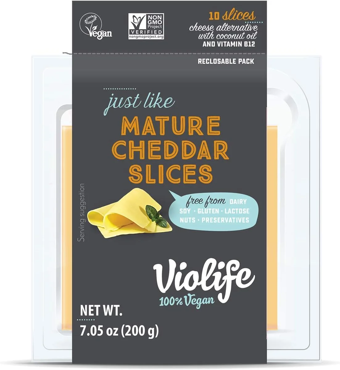 Violife Just Like Mature Cheddar Slices packaging showing folded cheese slices with Vegan and Non-GMO badges