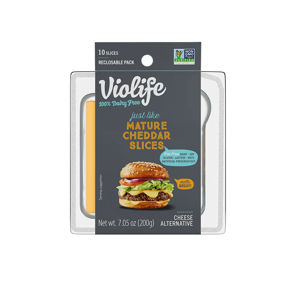 Violife Just Like Mature Cheddar Slices reclosable pack, front view