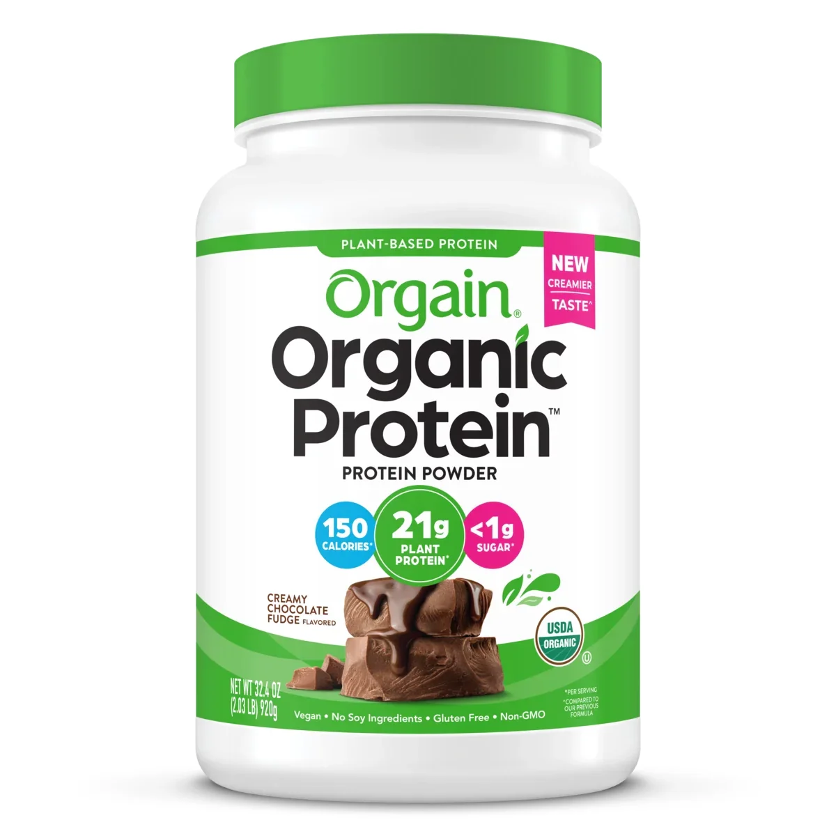 Orgain Organic Protein Powder 2.03lb tub in Creamy Chocolate Fudge flavor, front view on white background