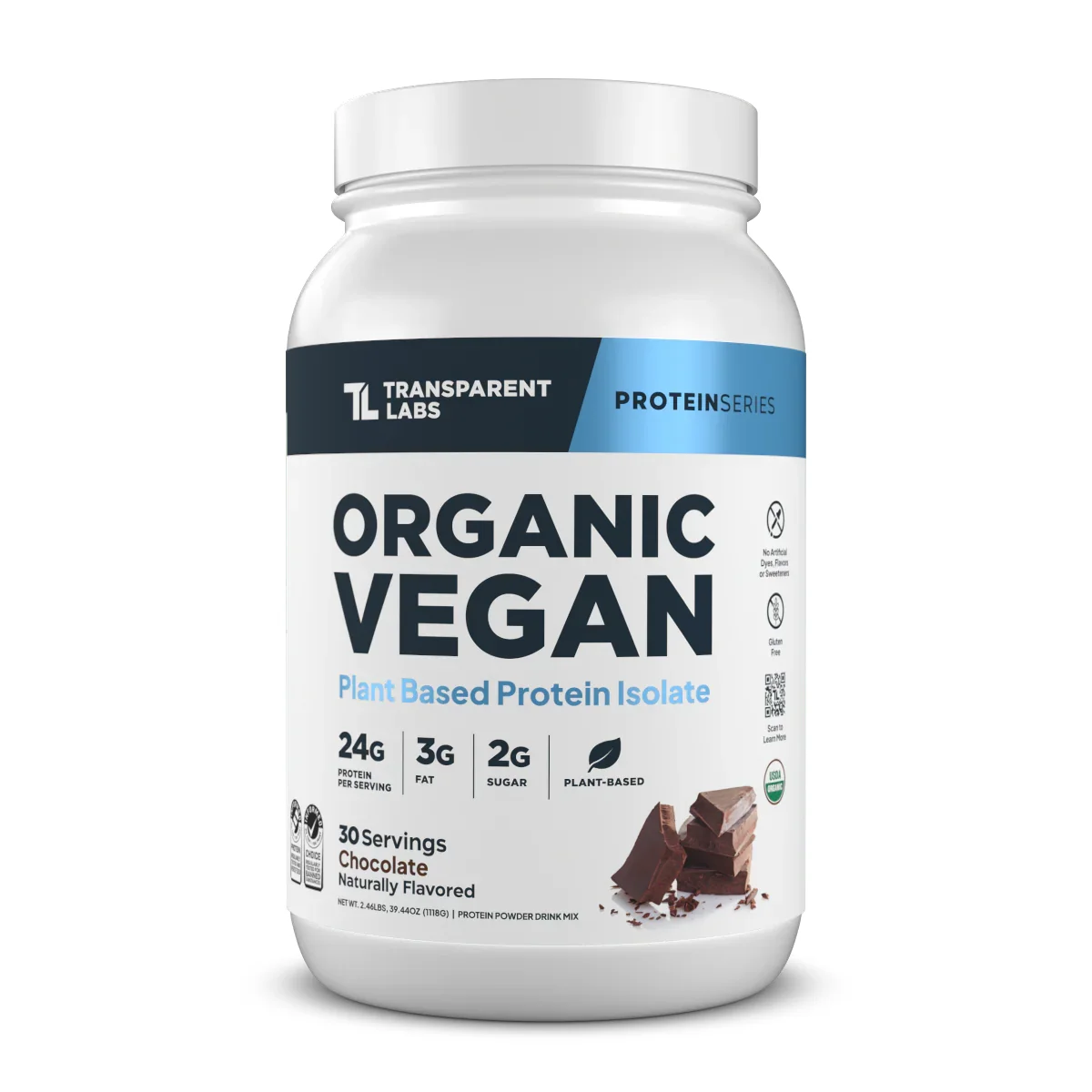 Transparent Labs Organic Vegan Plant-Based Protein Isolate, Chocolate flavor, 30-serving canister