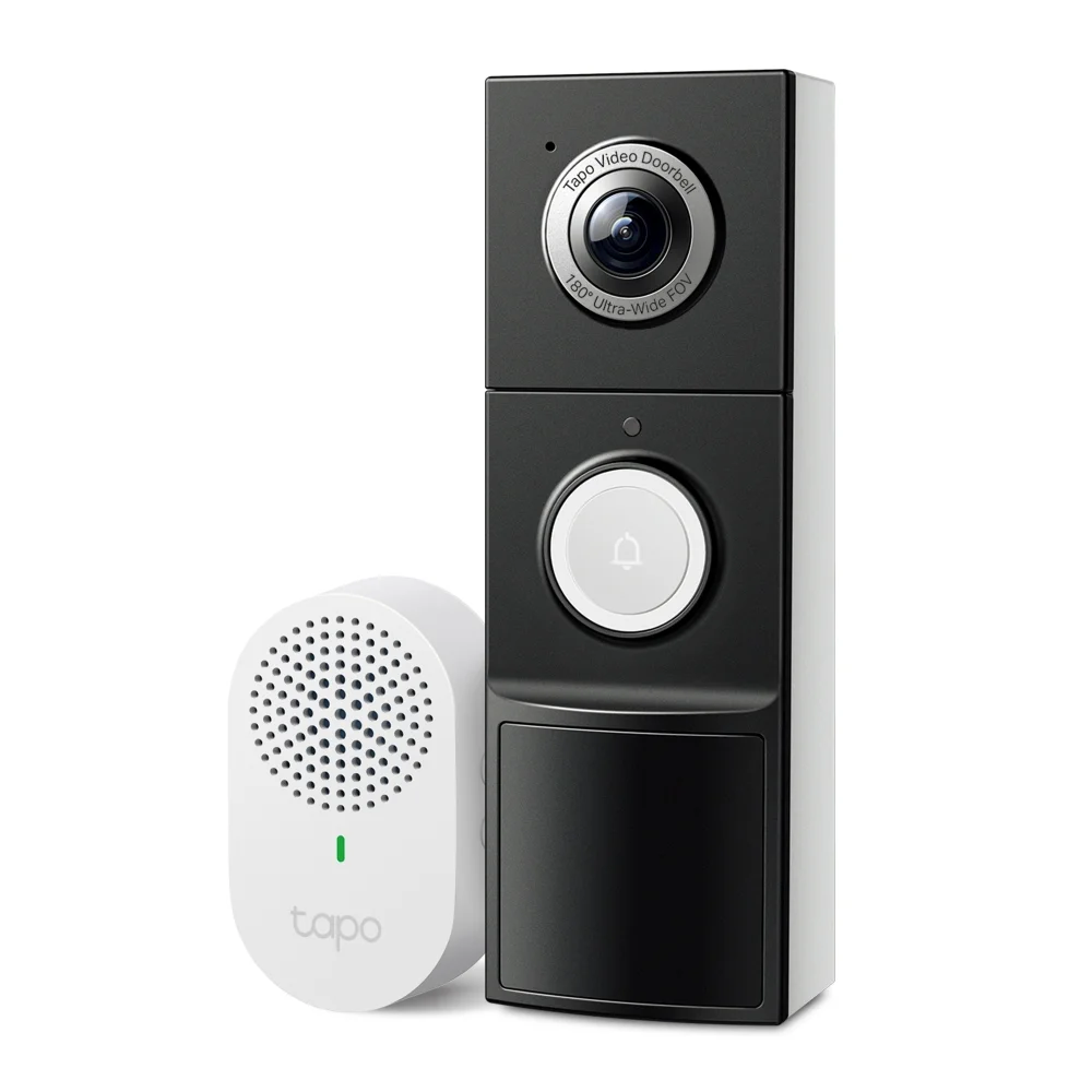 TP-Link Tapo D225 video doorbell with included wireless chime on a white background