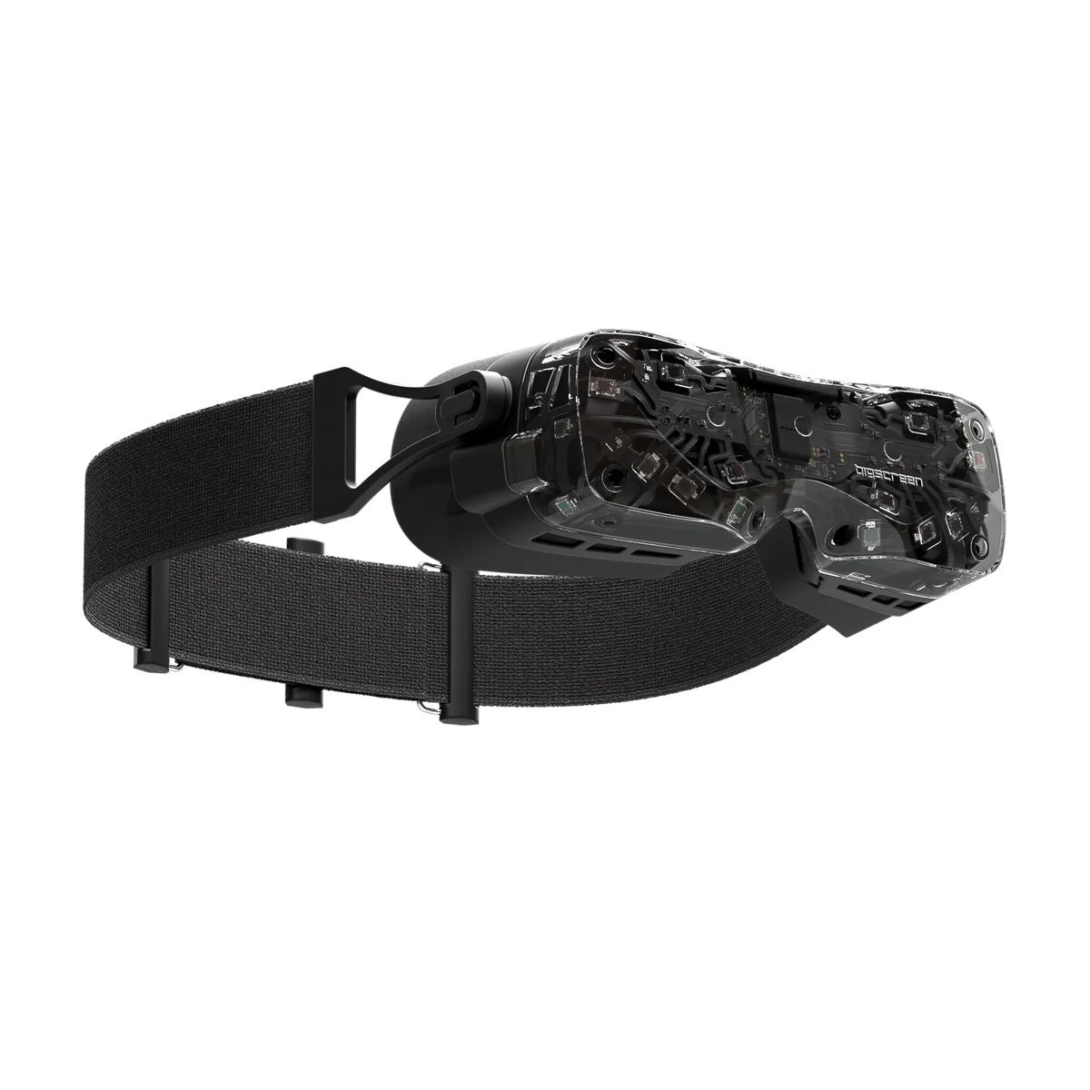Bigscreen Beyond 2 VR headset with head strap, clear shell showing internal components