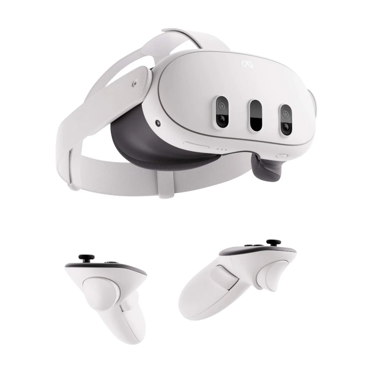 Meta Quest 3 headset with Touch Plus controllers, 3/4 angle view on white background