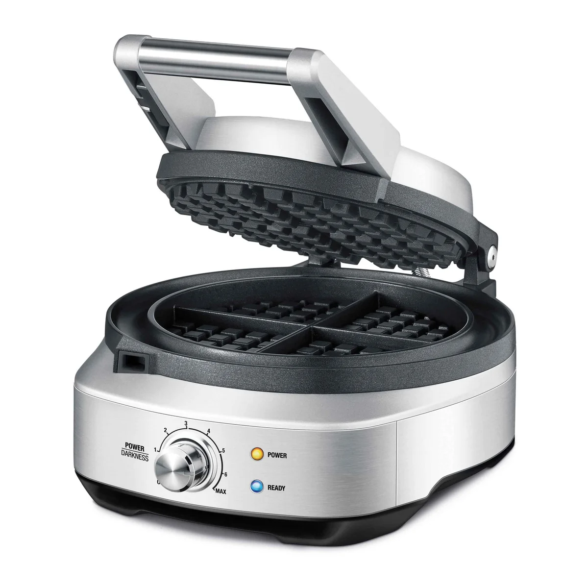Breville No-Mess Waffle Maker BWM520XL open at a 3/4 angle, showing the moat around the waffle grid and the power/darkness dial
