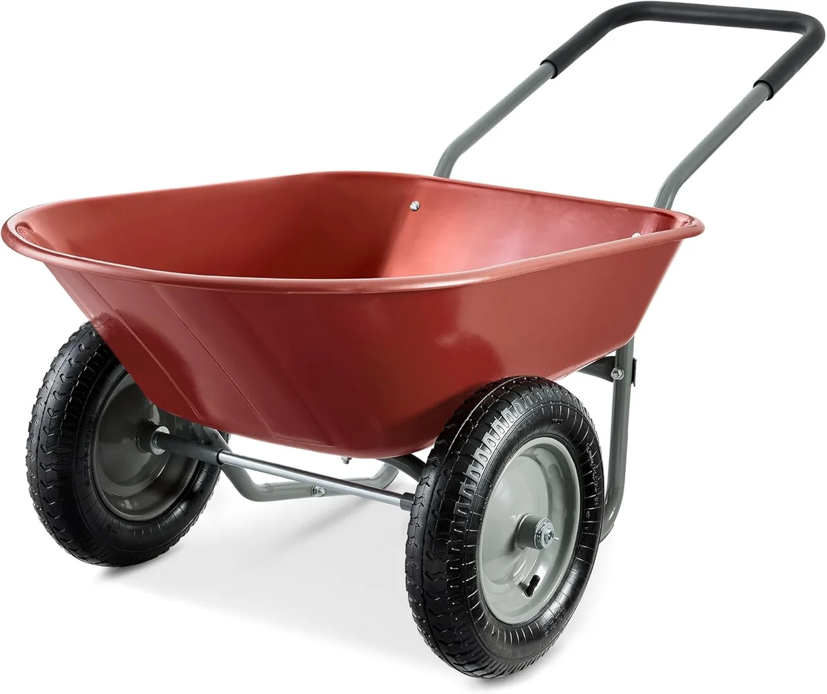 Best Choice Products SKY7888 dual-wheel wheelbarrow, terracotta-red color variant showing powder-coated steel frame and wheel axle detail