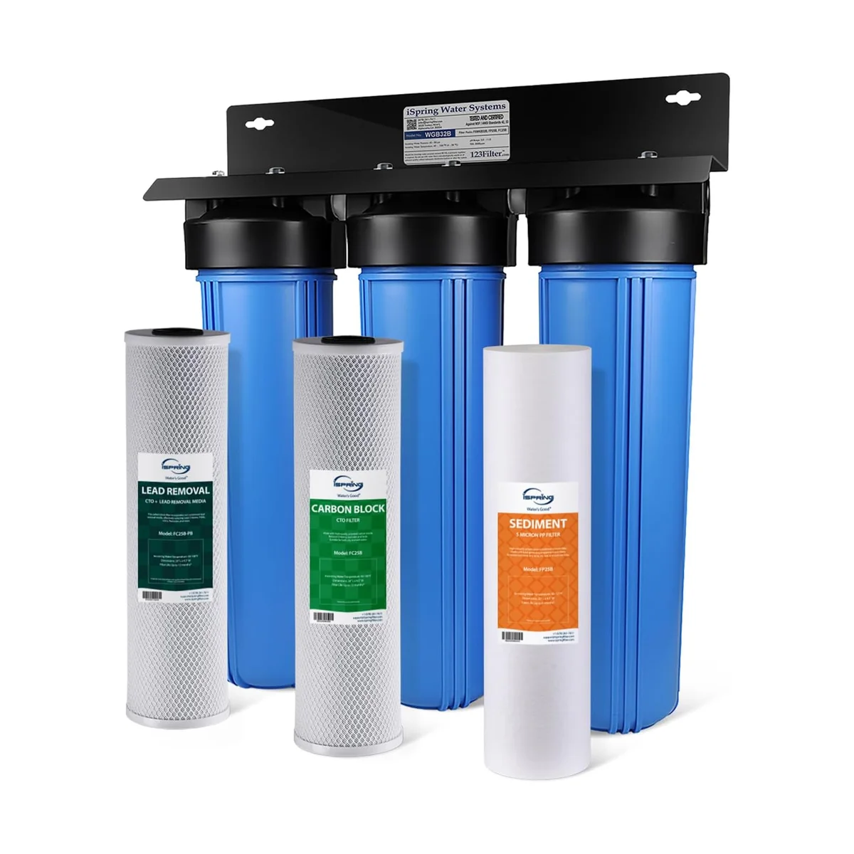 iSpring WGB32B whole house filter bracket and Big Blue housings with replacement cartridges displayed