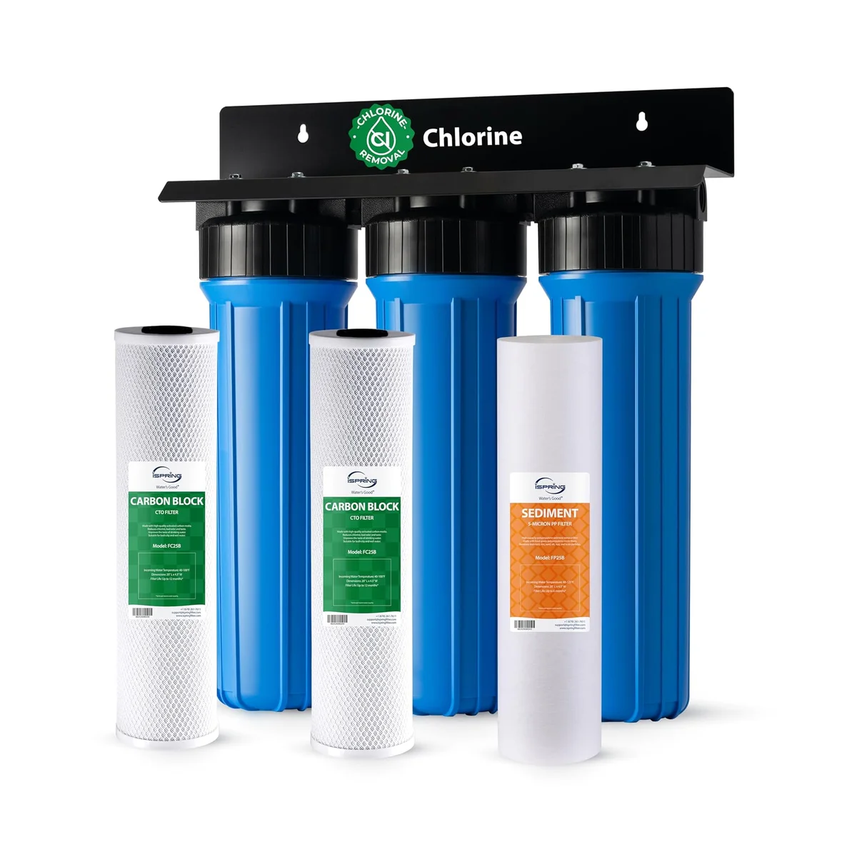 iSpring WGB32B three-canister whole house water filter system with Big Blue housings and filter cartridges