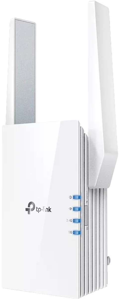TP-Link RE315 AC1200 Wi-Fi range extender angled front view showing dual antennas and LED indicators