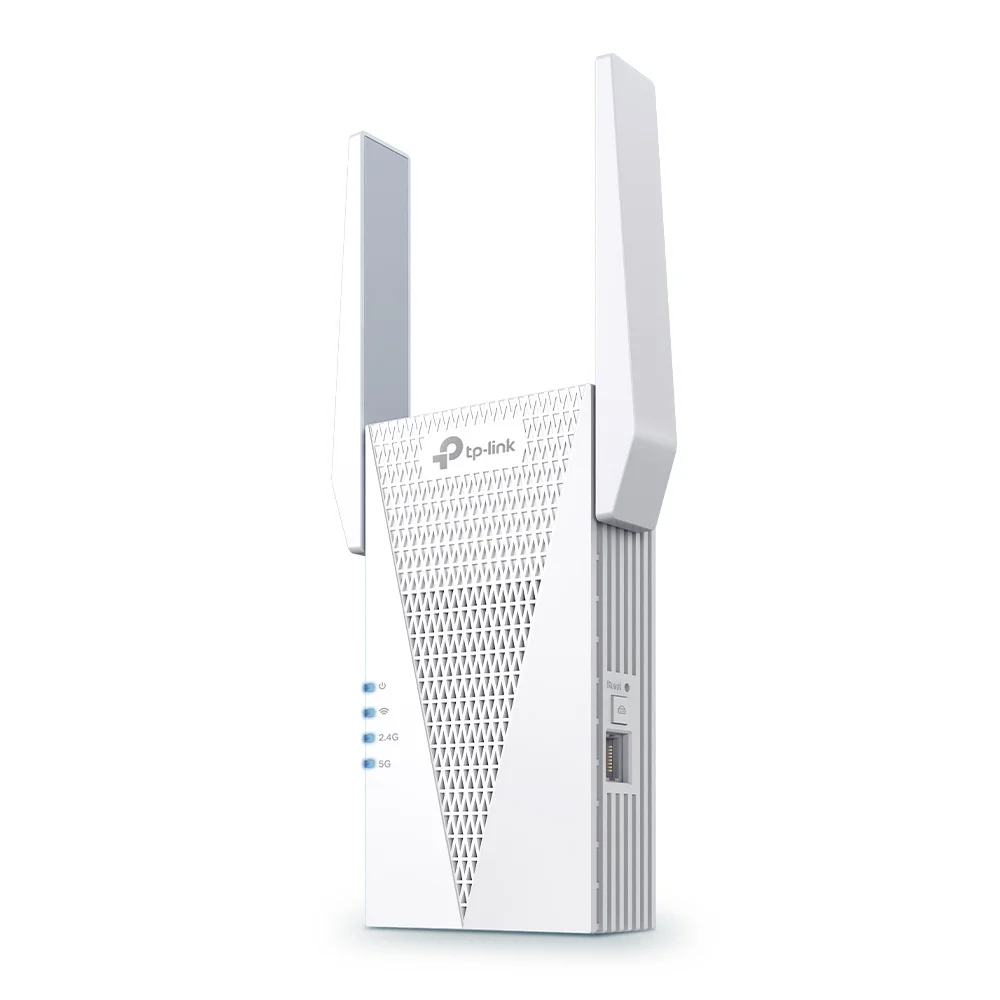 TP-Link RE715X AX3000 Wi-Fi 6 range extender front-right view showing dual antennas, LED indicators, and Gigabit Ethernet port