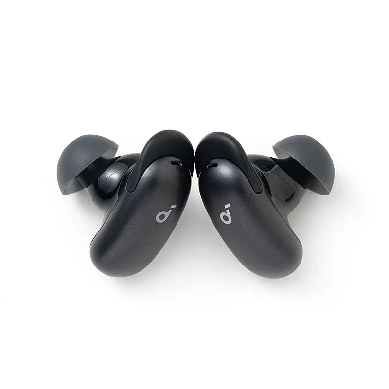 Soundcore Liberty 5 Pro black earbuds close up showing the ear tips and stems